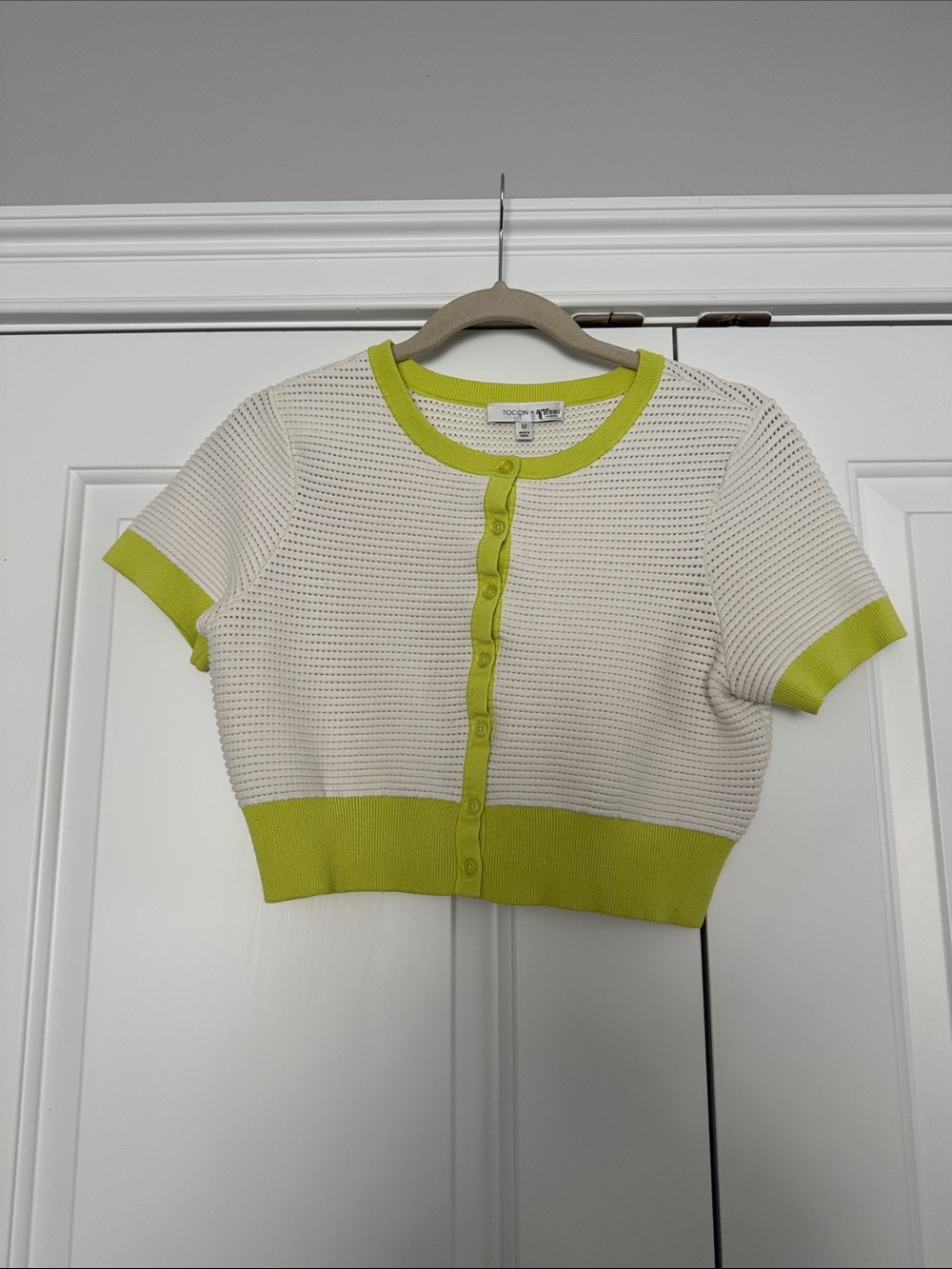Toccin x RTR Short Sleeve Cropped Cardigan - White with Lime Trim